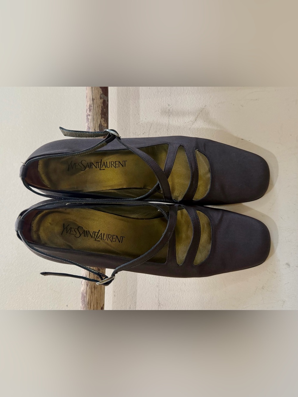 Yves Saint Laurent Black Satin Strappy Mary Jane Flats